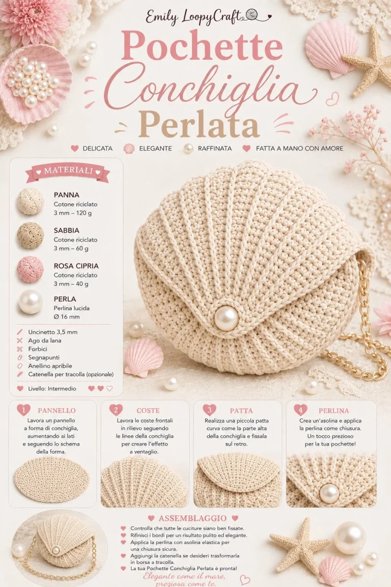Pochette a forma di conchiglia perlata all’uncinetto, schema elegante