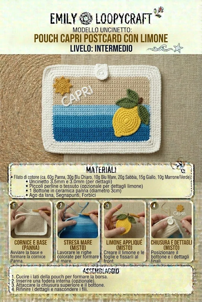 Tutorial passo-passo per realizzare la Pochette Cartolina da Capri all’Uncinetto