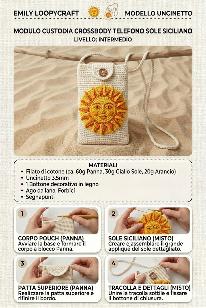 Porta cellulare uncinetto ispirato al Sole di Sicilia con schema crochet.