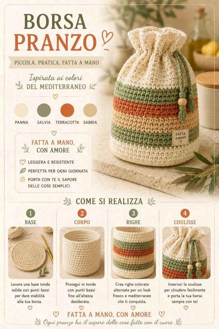 Porta pranzo estivo all’uncinetto colorato e funzionale.
