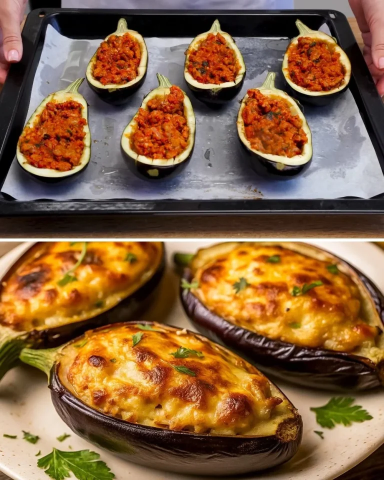 Melanzane farcite al forno, delizioso piatto italiano cucinato al forno.