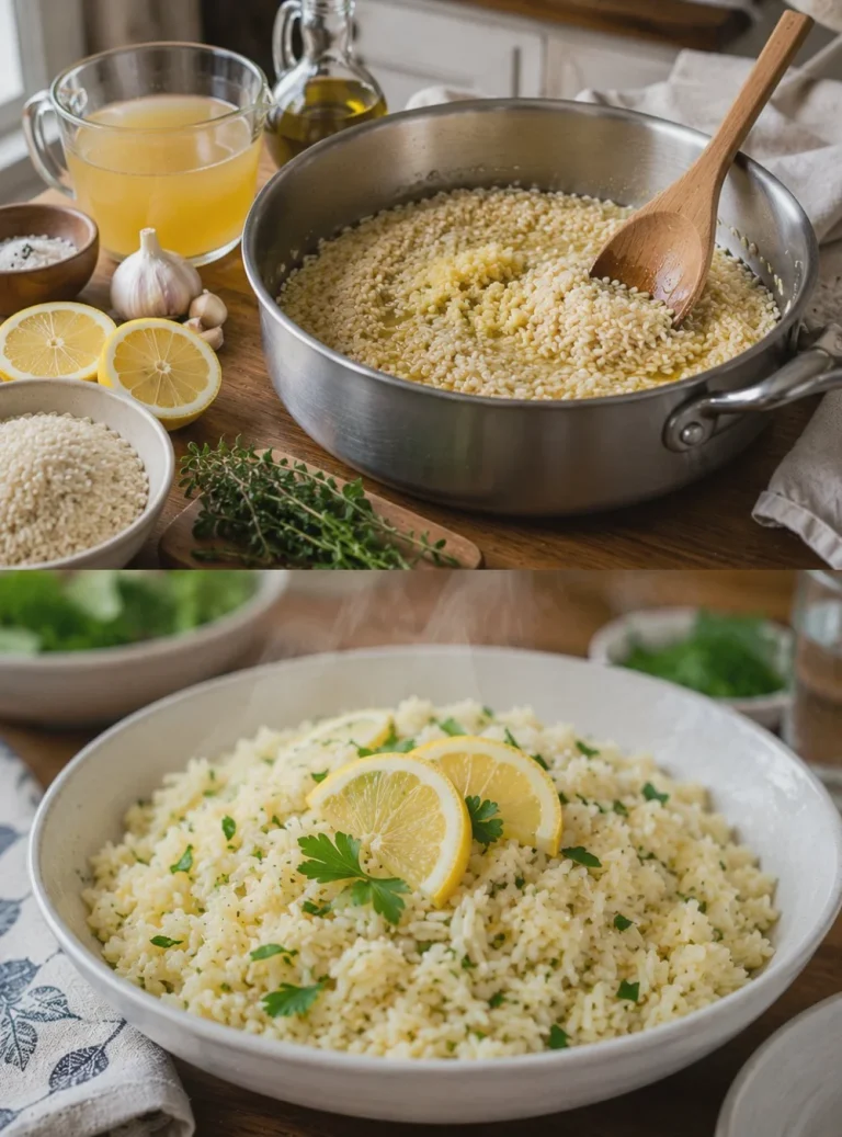 Riso al Limone Greco servito in un piatto elegante con decorazioni fresche.