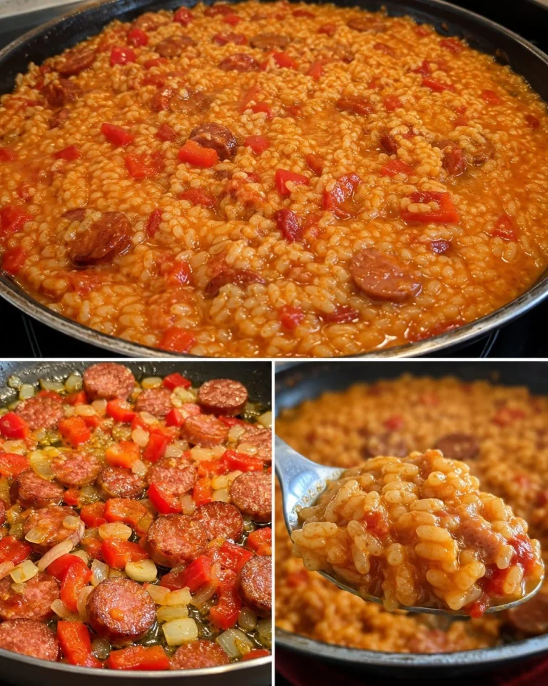 Riso cremoso con salsicce e verdure, un piatto delizioso e ricco di sapore.