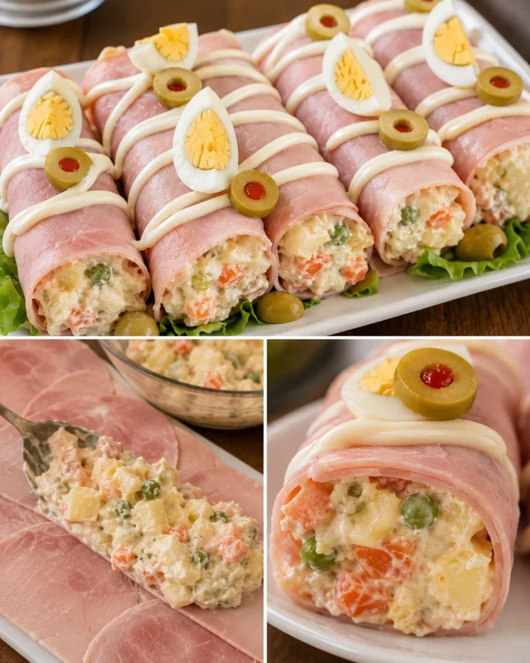 Rotolini di prosciutto con insalata russa in un piatto elegante.