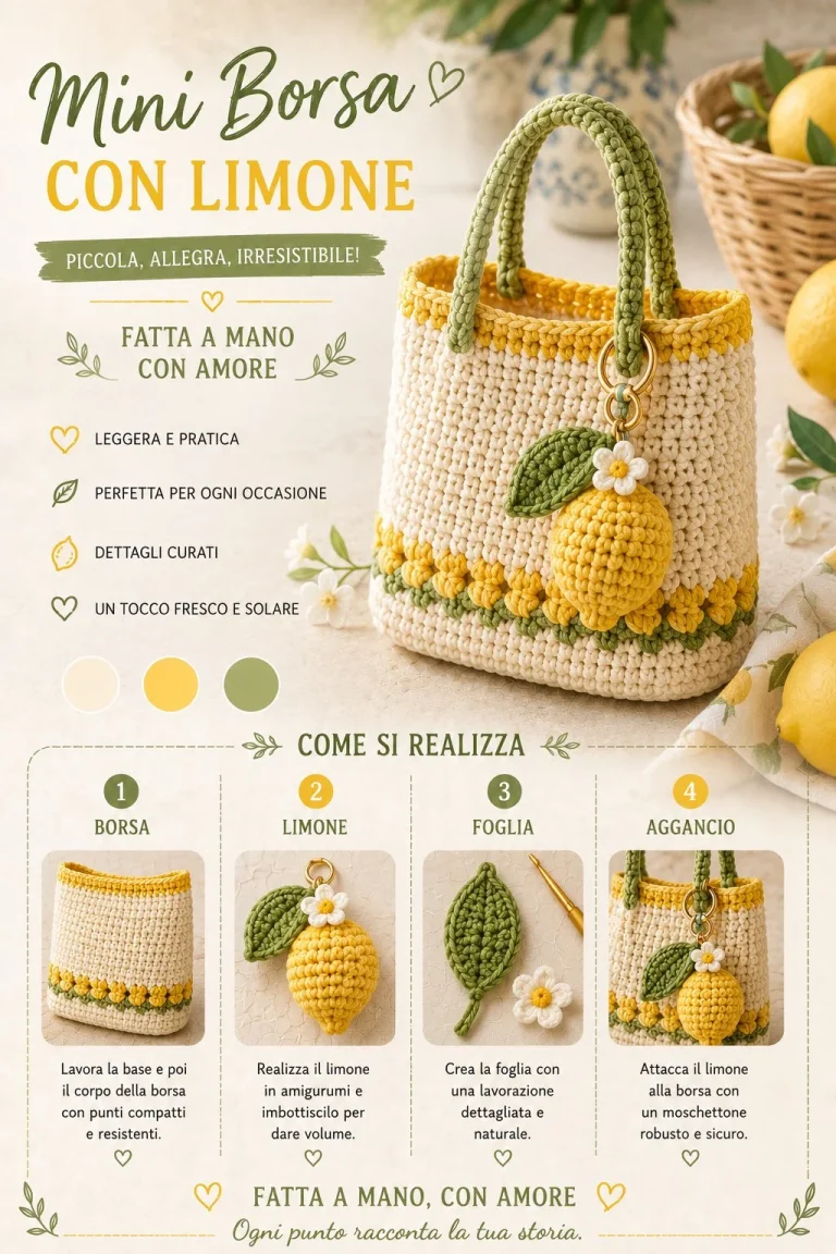 Set borsa e portachiavi uncinetto giallo limone per accessori moda.