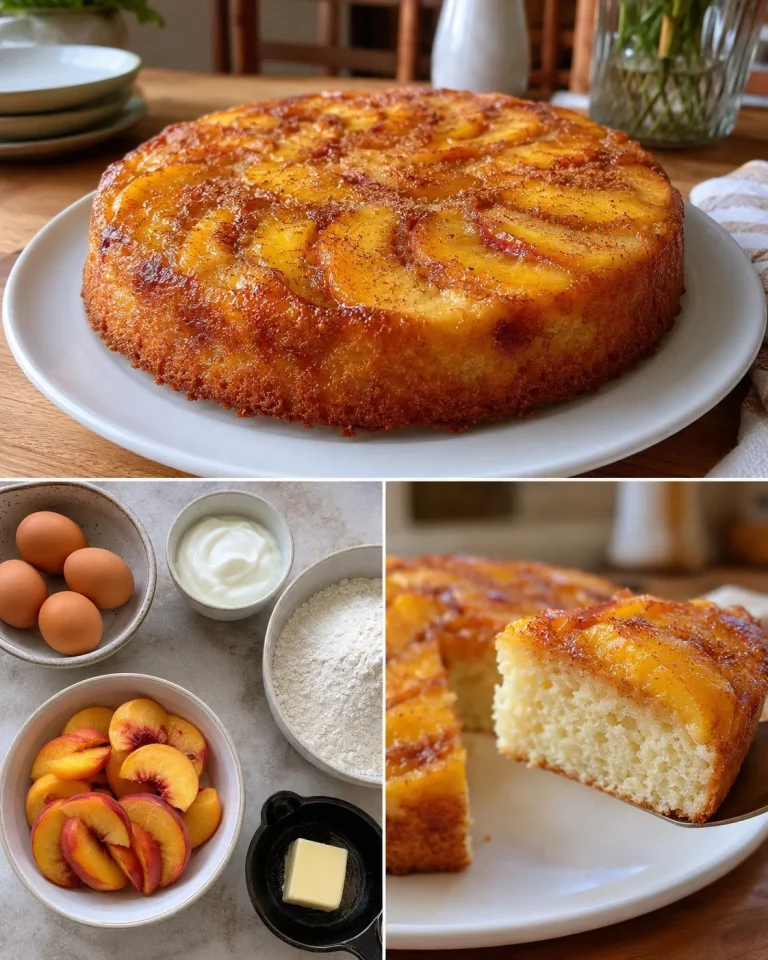 Torta di yogurt in padella con pesche caramellate, dessert soffice e gustoso.