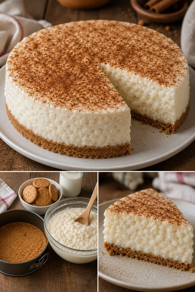 Torta fredda di riso al latte e cannella su un piatto decorativo