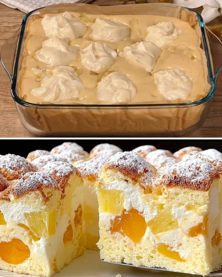 Torta Giapponese con Ricotta e Pesche all'Ananas decorata e servita