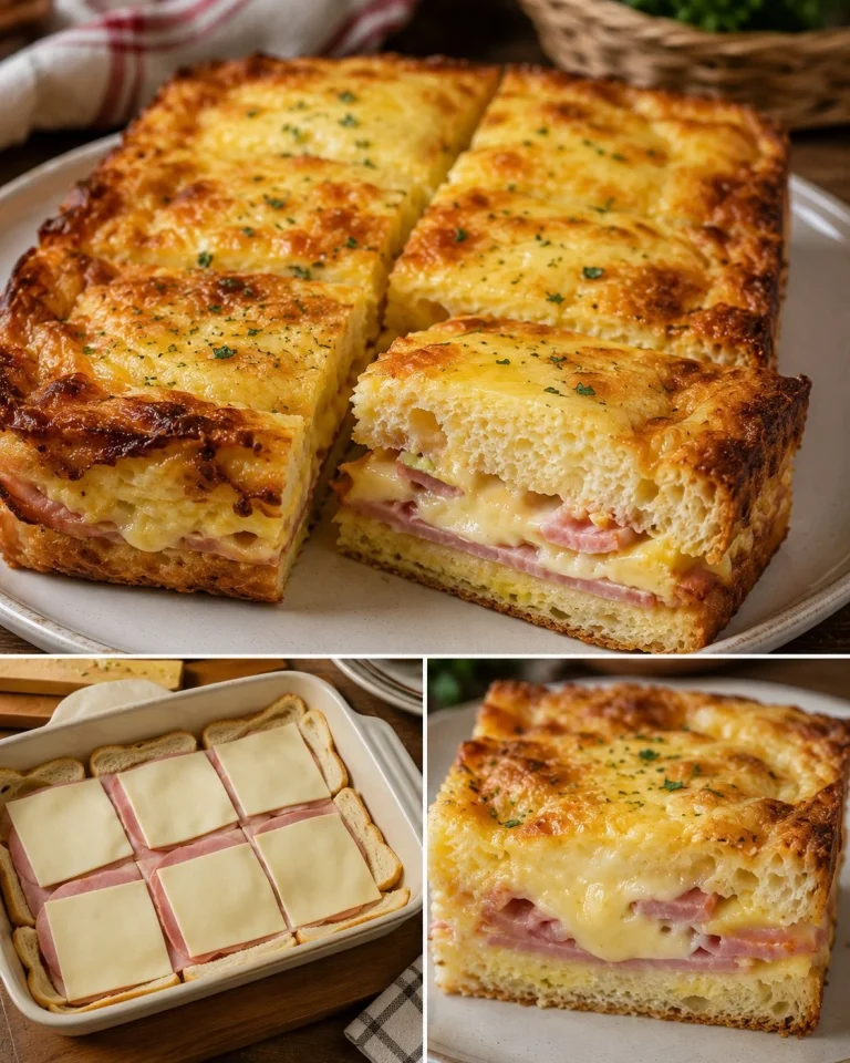 Torta salata di pane in cassetta con prosciutto e formaggio pronta da servire.