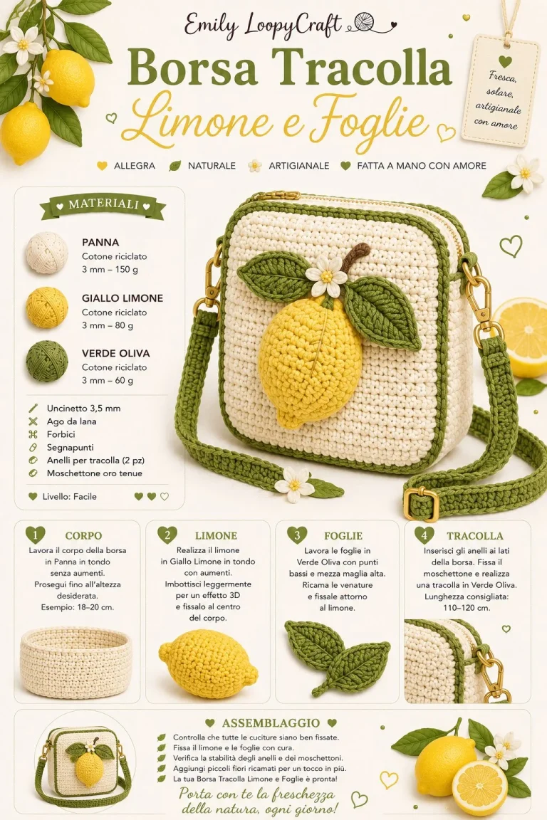 Borsa crochet con tracolla limone e foglie all'uncinetto, creazione fai da te.