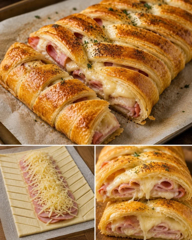 Treccia di pasta sfoglia con prosciutto e formaggio appena sfornata