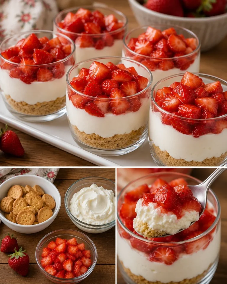 Vasetti di crema di formaggio e fragole senza forno, un dessert fresco e cremoso.