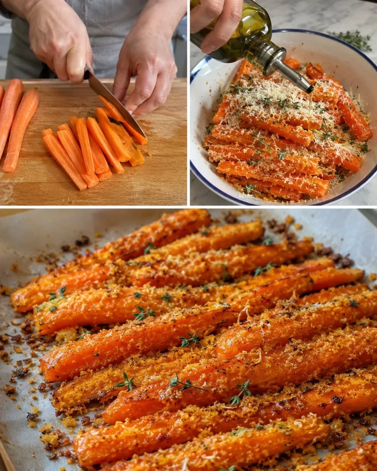 Bastoncini di carote al parmigiano croccanti serviti in un piatto.