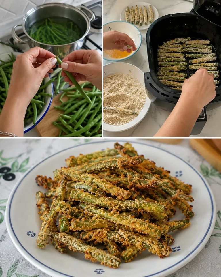 Bastoncini di fagiolini al parmigiano serviti con contorni croccanti