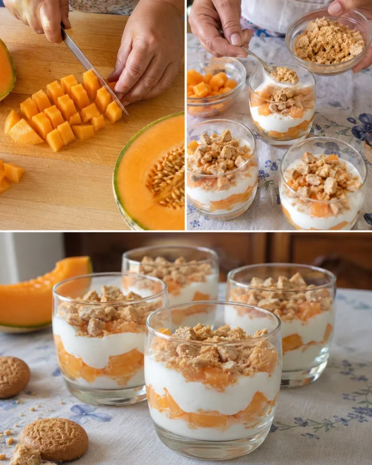Bicchierini di yogurt con melone e amaretti decorati