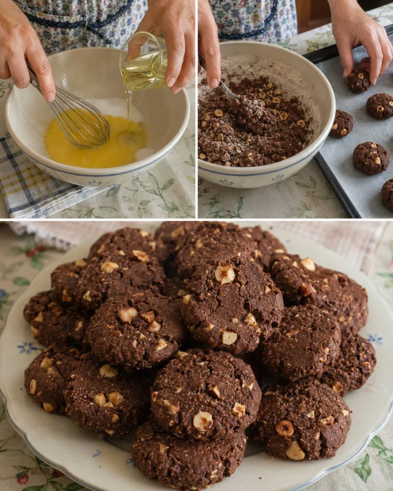 Biscotti all'olio con cacao e nocciole appena sfornati