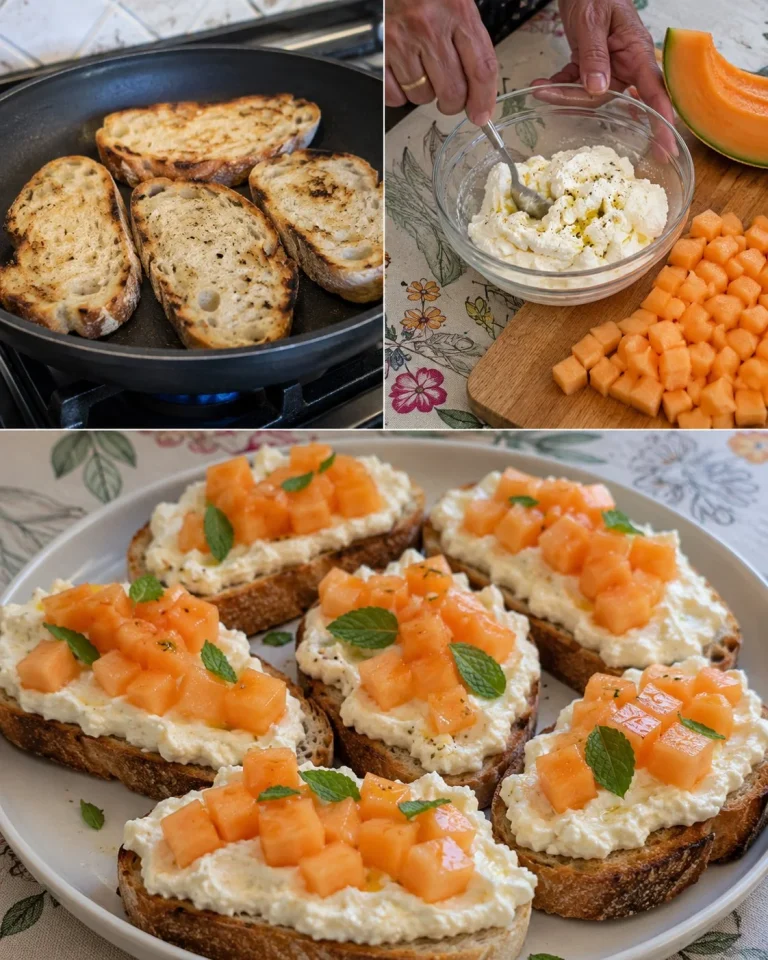 Bruschette croccanti con crema di ricotta e melone, antipasto estivo fresco e saporito.