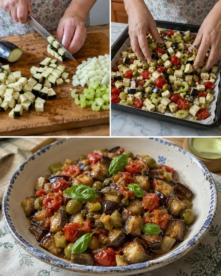 Caponata veloce di melanzane al forno, ricetta siciliana colorata e saporita.