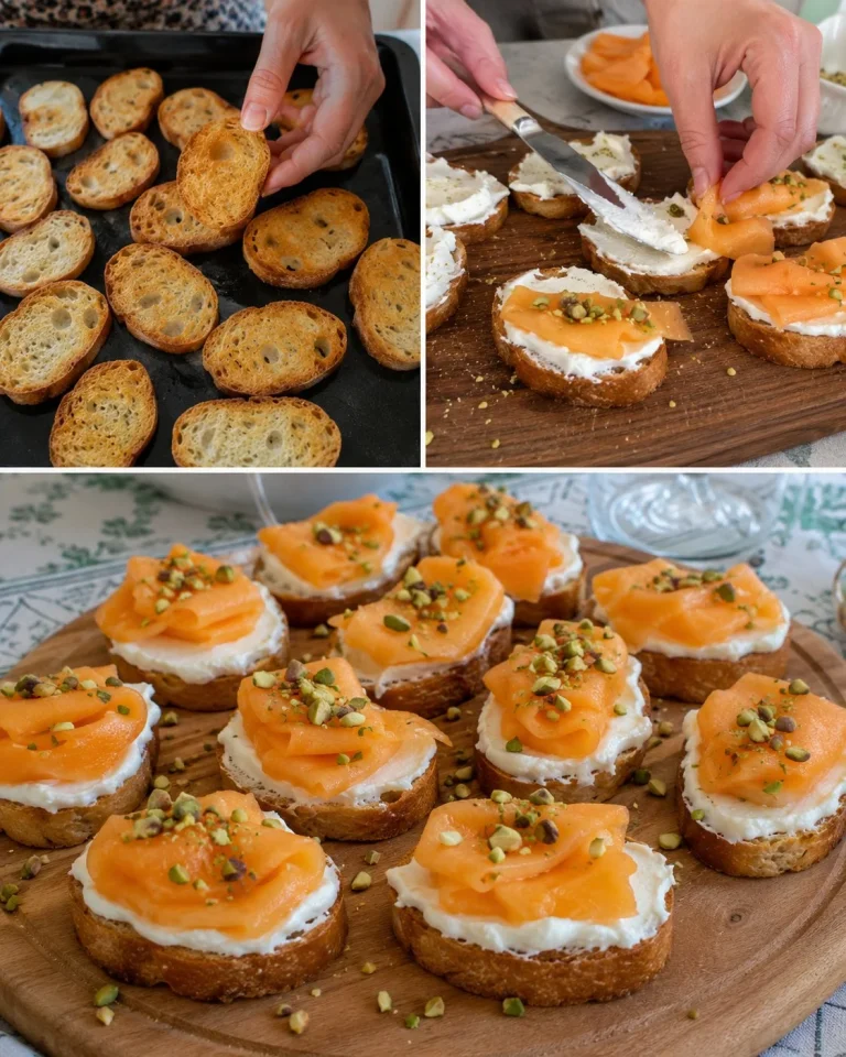 Crostini con melone, robiola e pistacchi, antipasto fresco e gustoso.