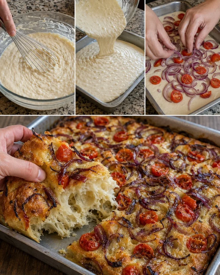 Focaccia liquida con cipolle rosse e pomodorini freschi
