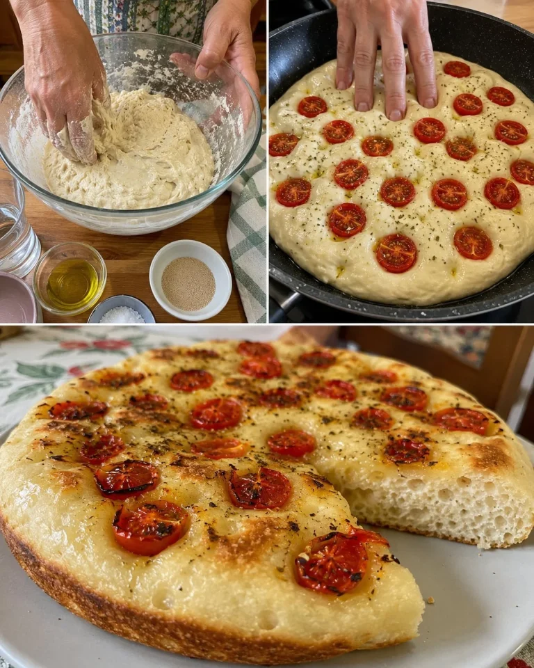 Focaccia morbida in padella con pomodorini freschi e dorati.