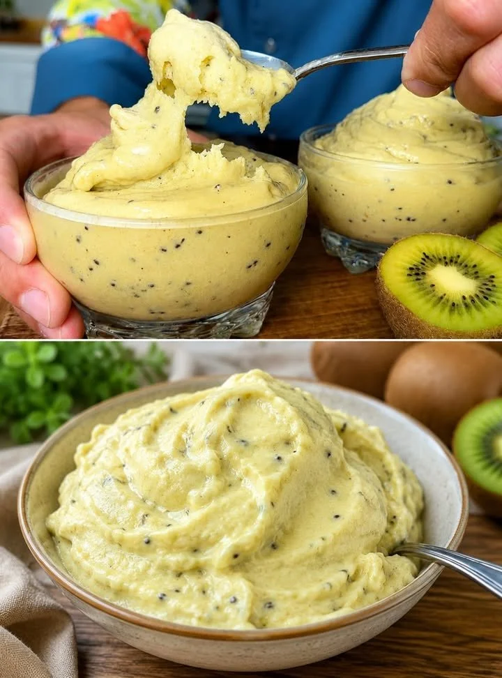 Gelato sano fatto con banana e kiwi, senza zucchero e senza lattosio.