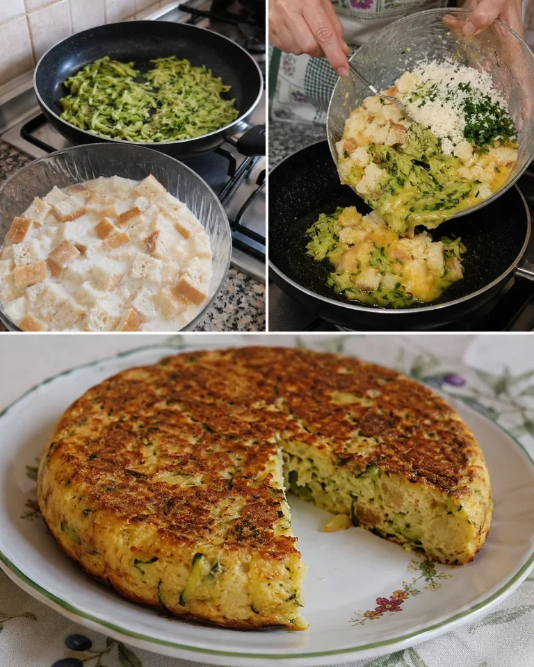 Frittata di zucchine e pane in padella pronta da servire