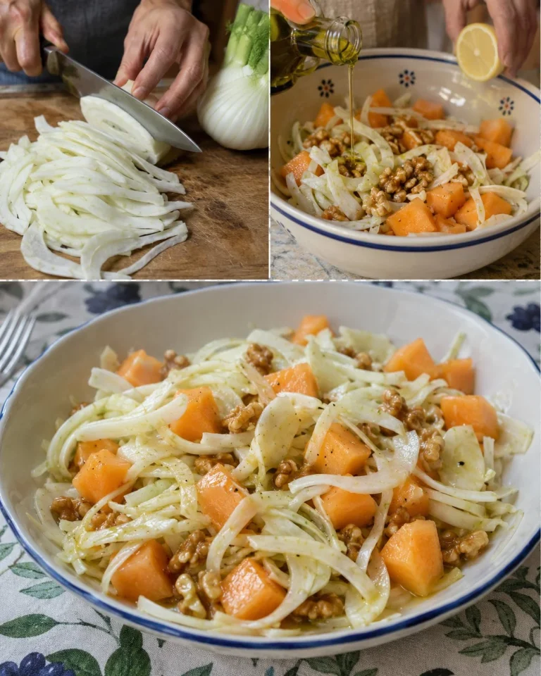 Insalata croccante di finocchi, melone e noci in una ciotola colorata