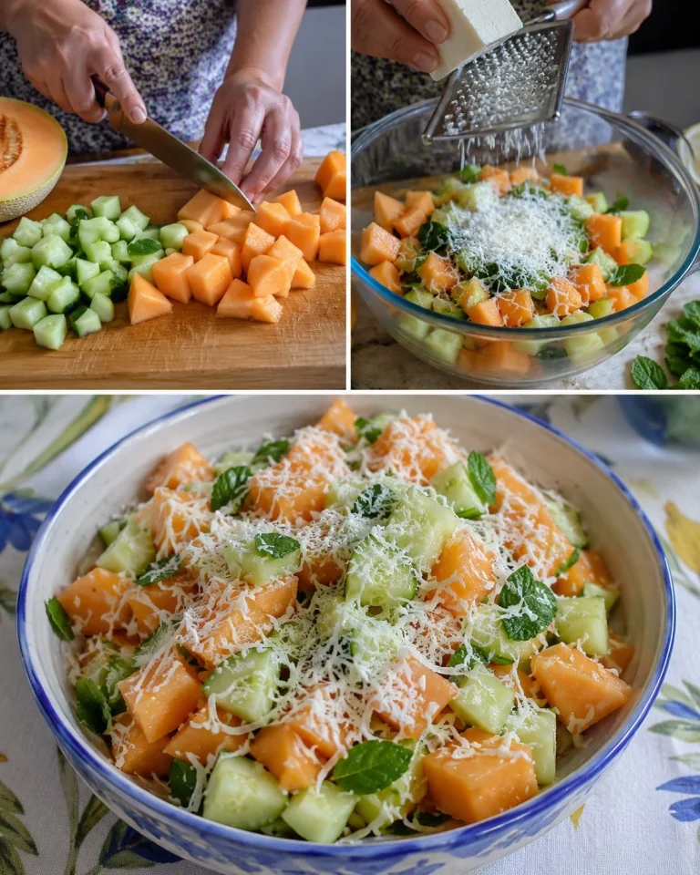Insalata di cetrioli con melone e ricotta salata, piatto estivo fresco e colorato