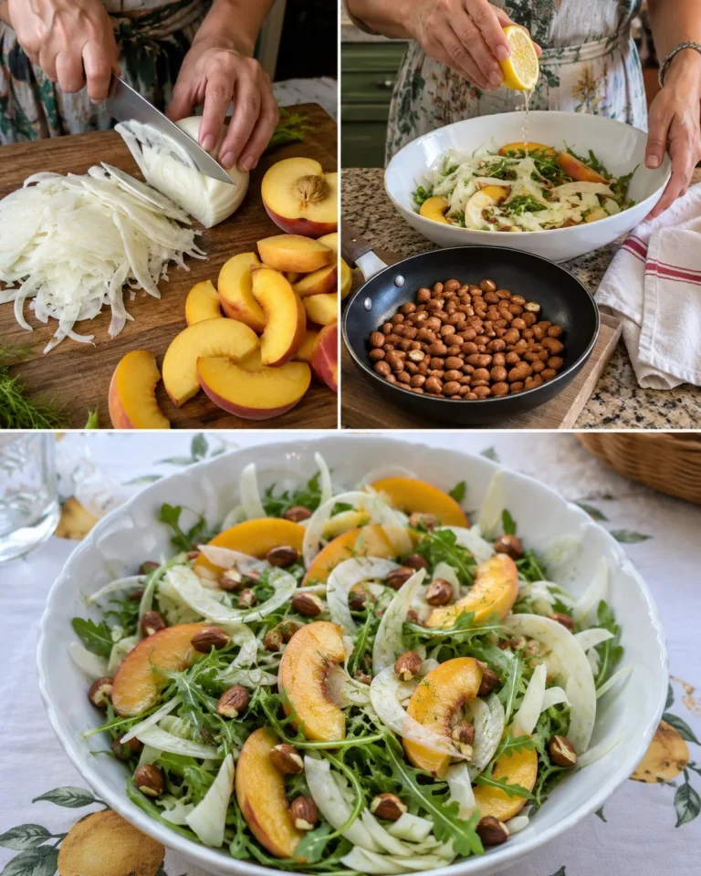 Insalata di finocchi con pesche e mandorle fresca e colorata