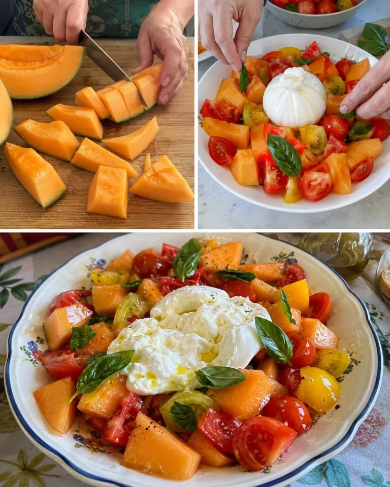 Insalata di melone, pomodori e burrata in un piatto estivo