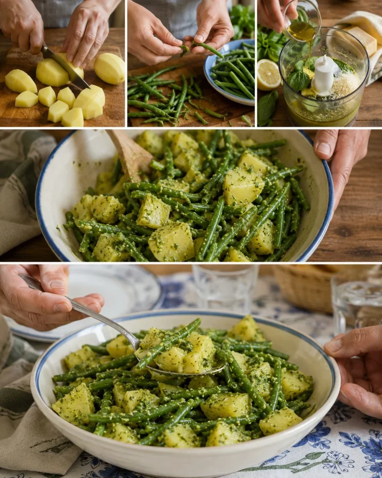 Insalata di patate e fagiolini con pesto leggero in un piatto