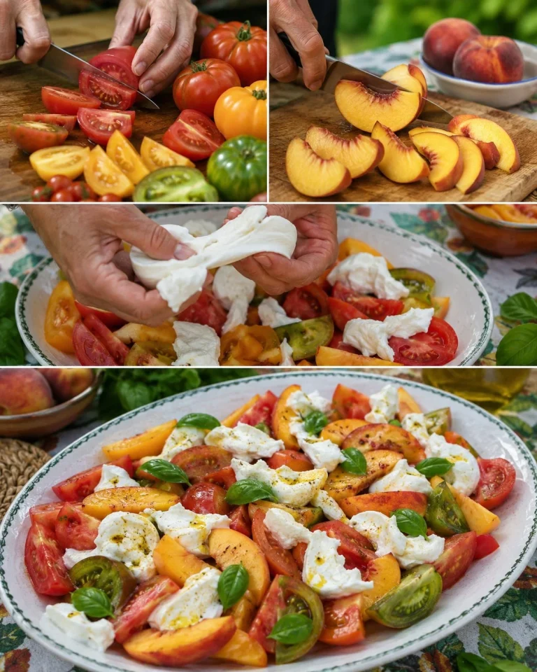 Insalata di pomodori, pesche e mozzarella con basilico fresco
