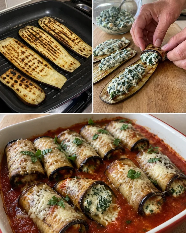 Involtini di melanzane ripieni di ricotta e spinaci su un piatto