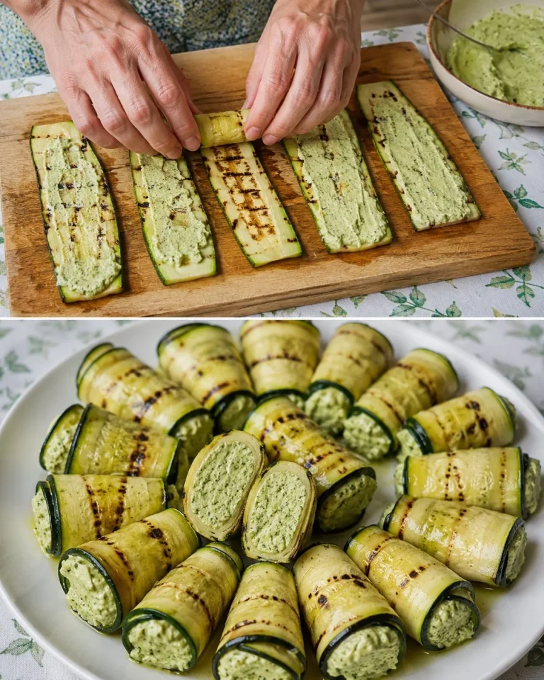 Involtini di zucchine freddi con hummus al basilico su un piatto.