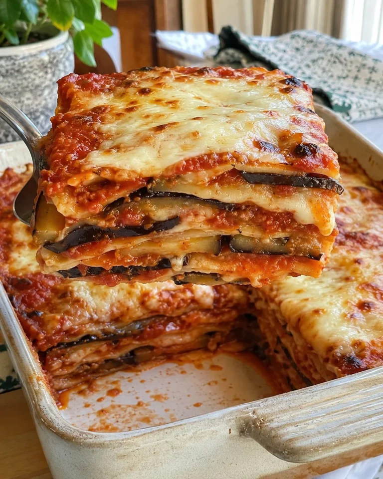Lasagnetta di melanzane con pane carasau, piatto tipico della cucina italiana.