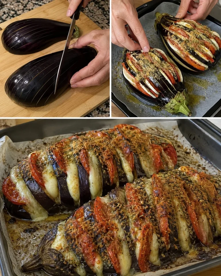 Melanzane a ventaglio con pomodoro e scamorza su piatto