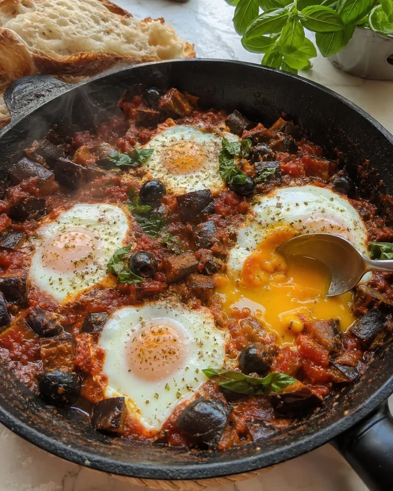 Melanzane alla mediterranea con uova in padella pronte da servire