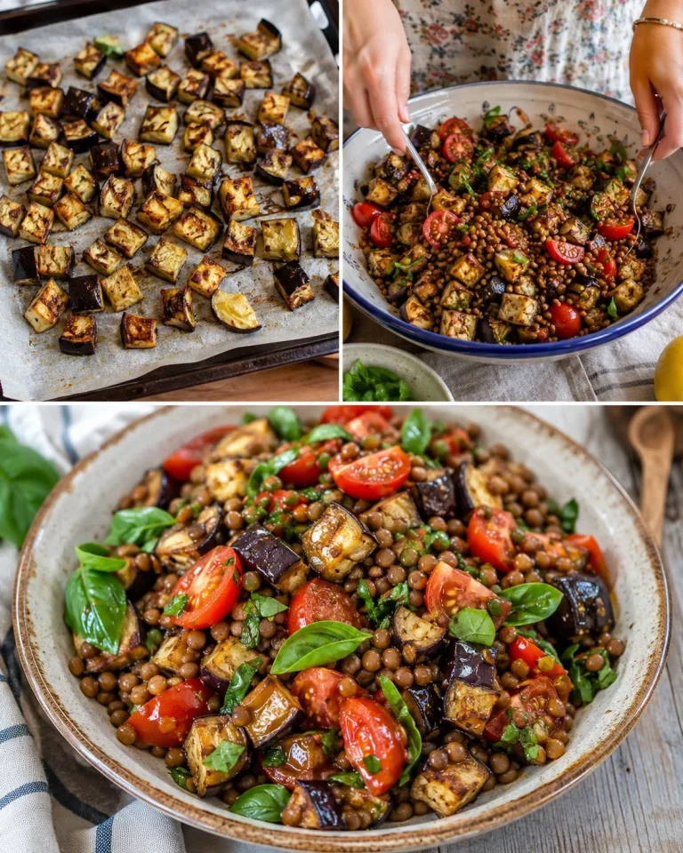 Melanzane arrosto con lenticchie e basilico freschi