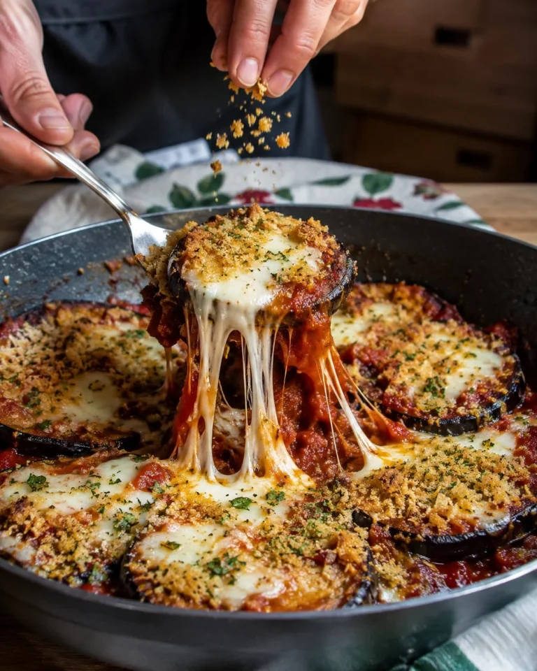 Melanzane filanti in padella con mollica alle erbe, ready to serve