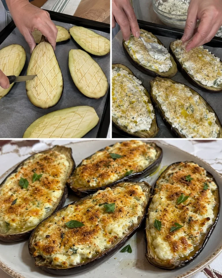 Melanzane gratinate con crema di ricotta al basilico in un piatto gourmet