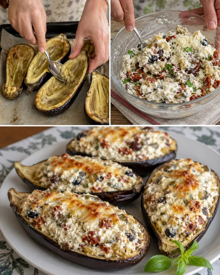 Melanzane ripiene di ricotta, olive e pomodori secchi servite in un piatto