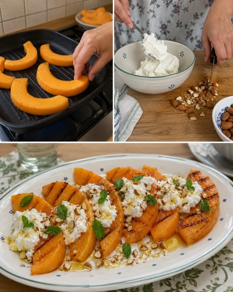 Melone grigliato servito con ricotta e miele su un piatto elegante