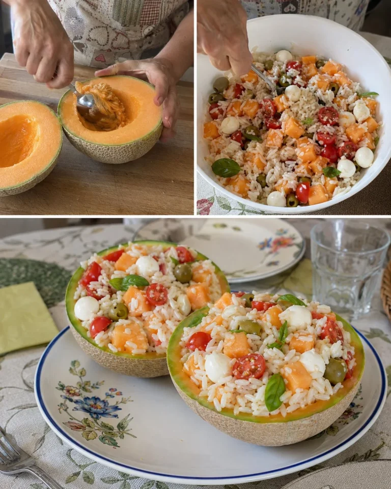 Melone ripieno di insalata di riso, piatto estivo fresco e colorato