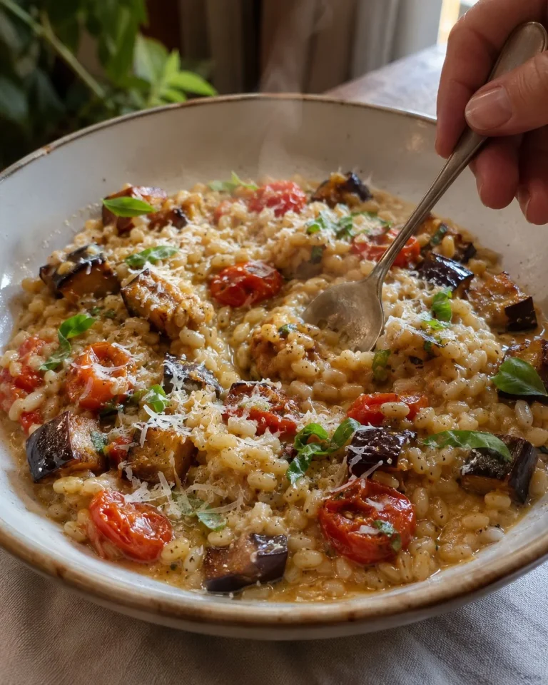 Orzotto cremoso con melanzane e pomodorini, piatto gustoso e sano.