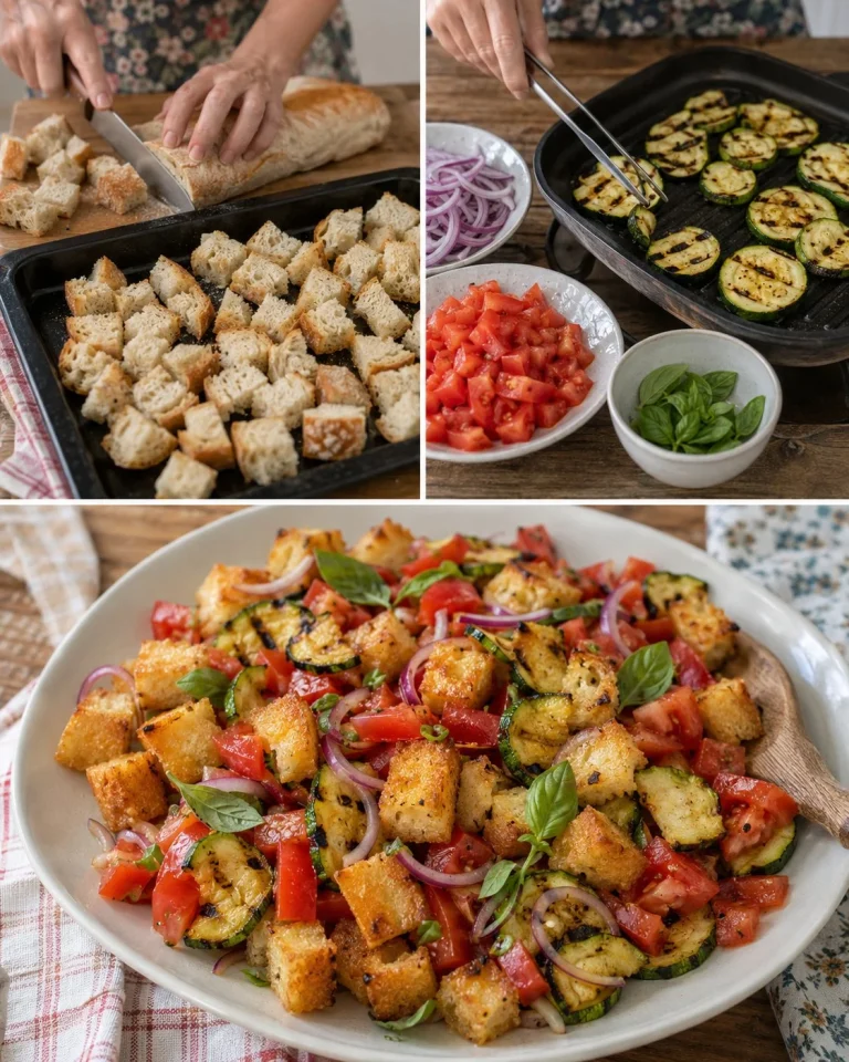 Panzanella croccante con zucchine grigliate e pomodori freschi