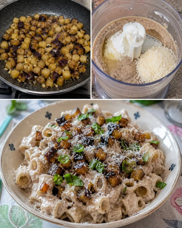 Pasta cremosa con melanzane e robiola servita in un piatto di ceramica