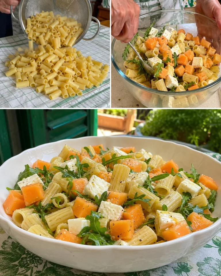 Pasta fredda estiva con melone e mozzarella servita in una ciotola
