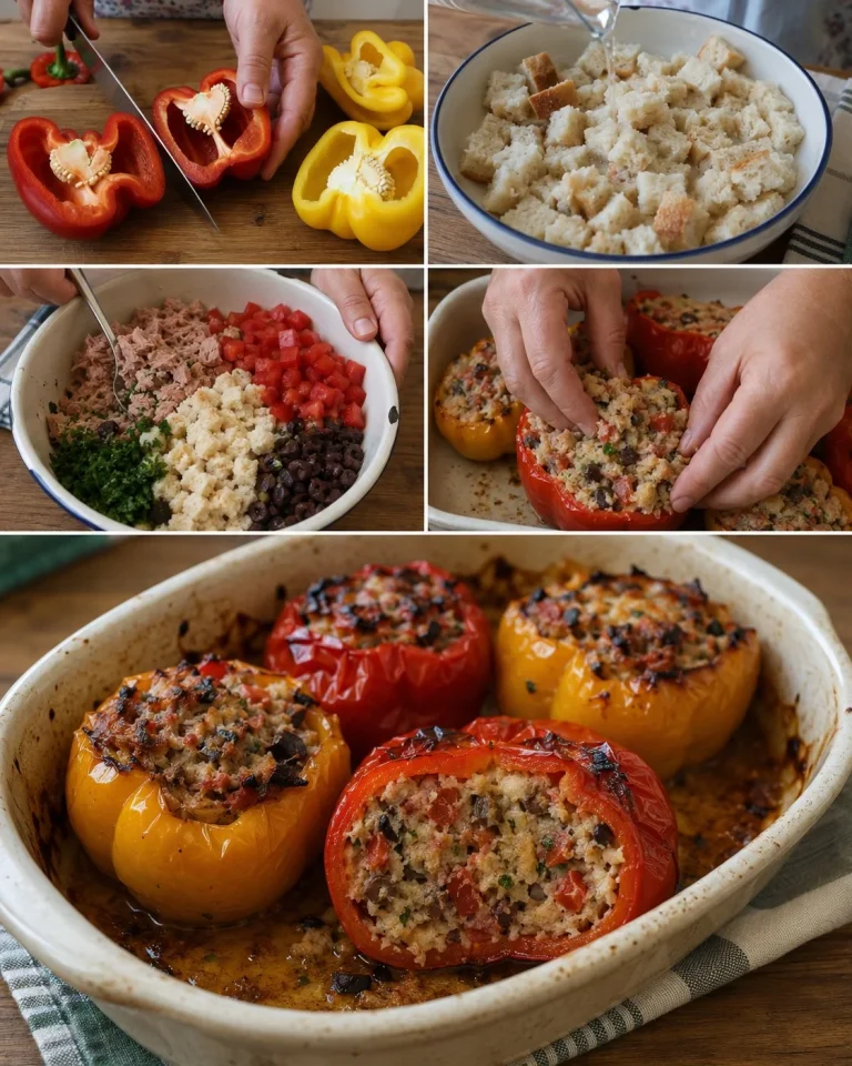 Peperoni ripieni di pane, tonno e olive serviti in un piatto
