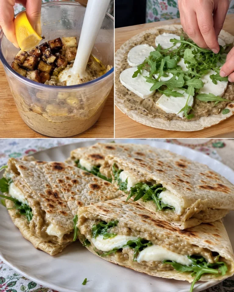 Piadina con crema di melanzane, mozzarella e rucola su un piatto